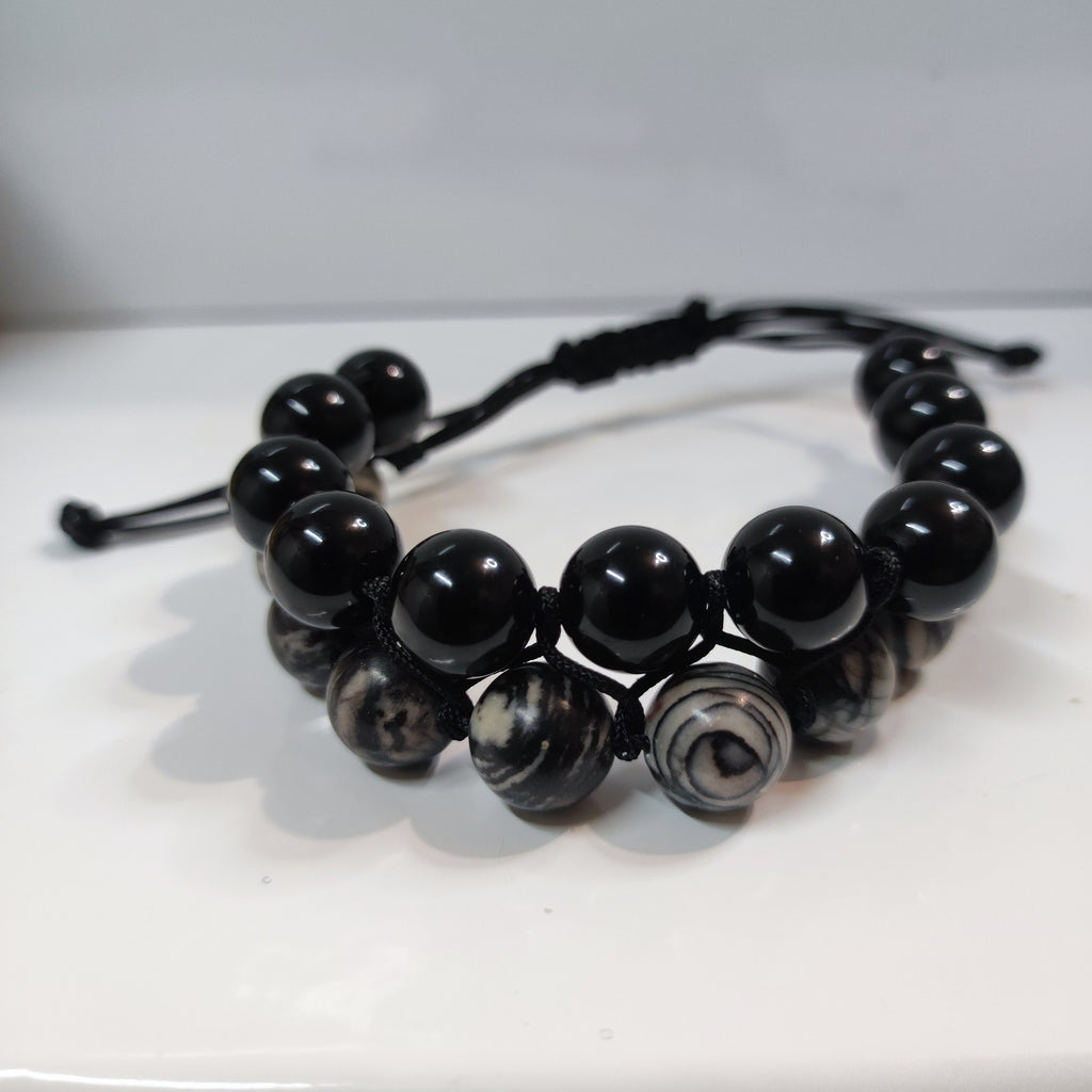 Black Obsidian and Black Veined Jasper Cord Bracelet