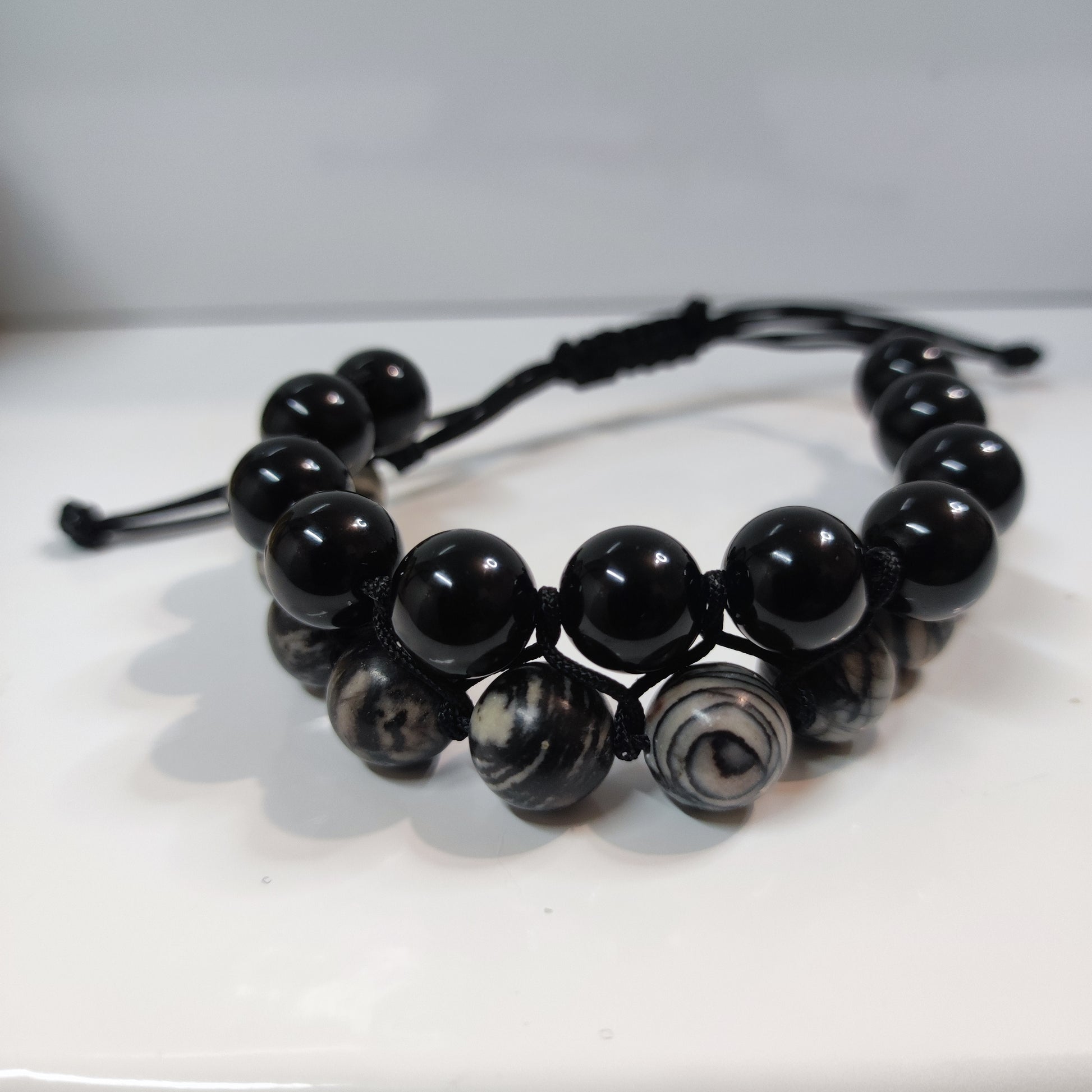 Black Obsidian and Black Veined Jasper Cord Bracelet