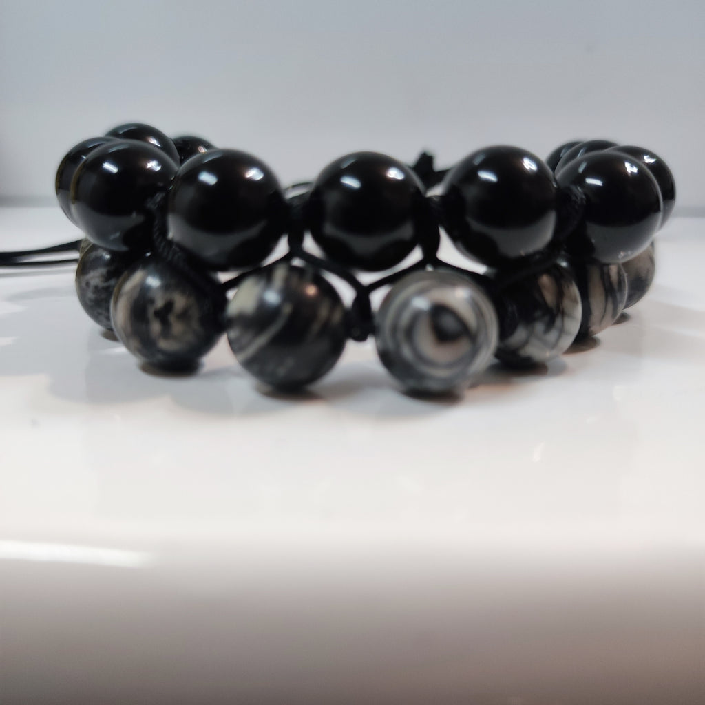 Black Obsidian and Black Veined Jasper Cord Bracelet