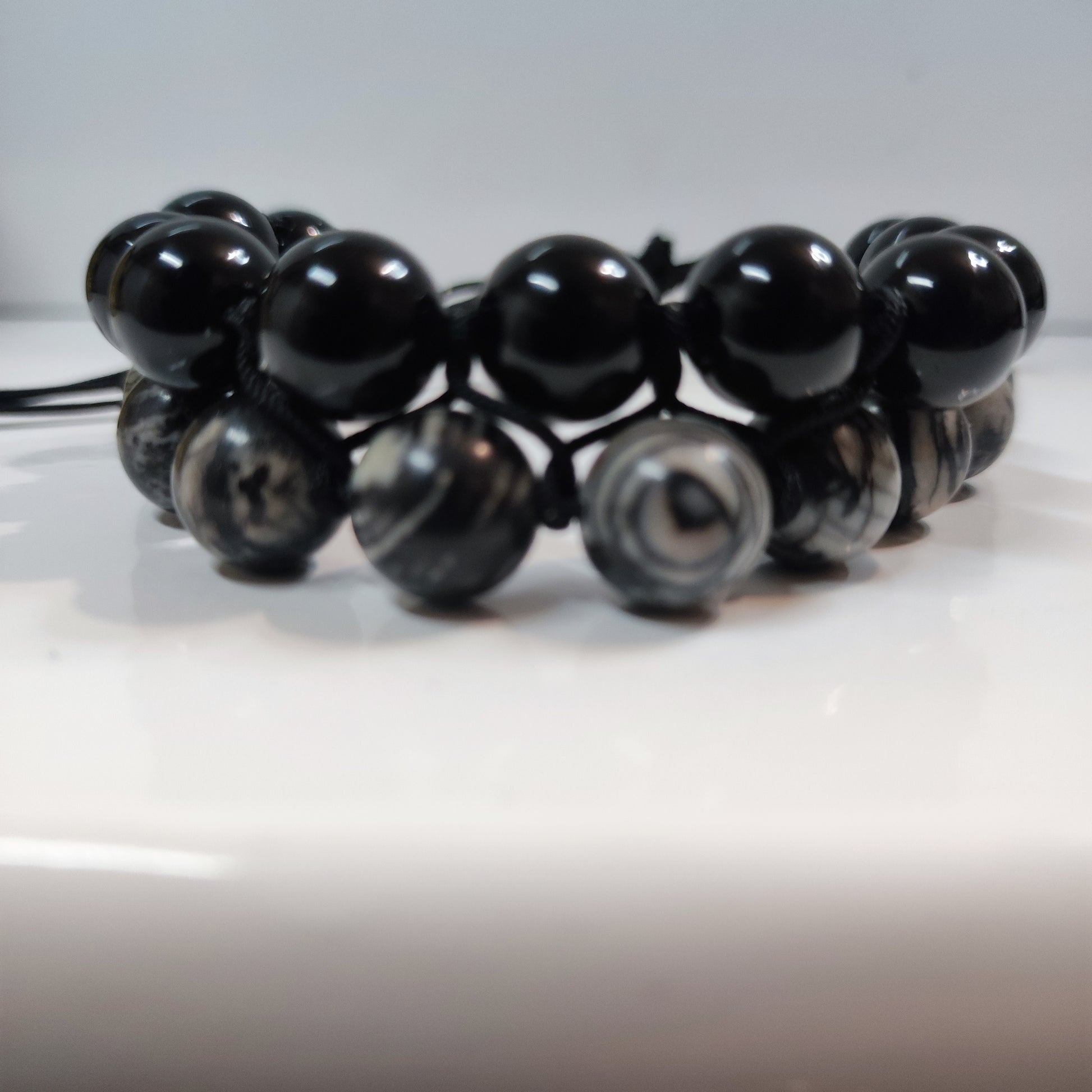 Black Obsidian and Black Veined Jasper Cord Bracelet