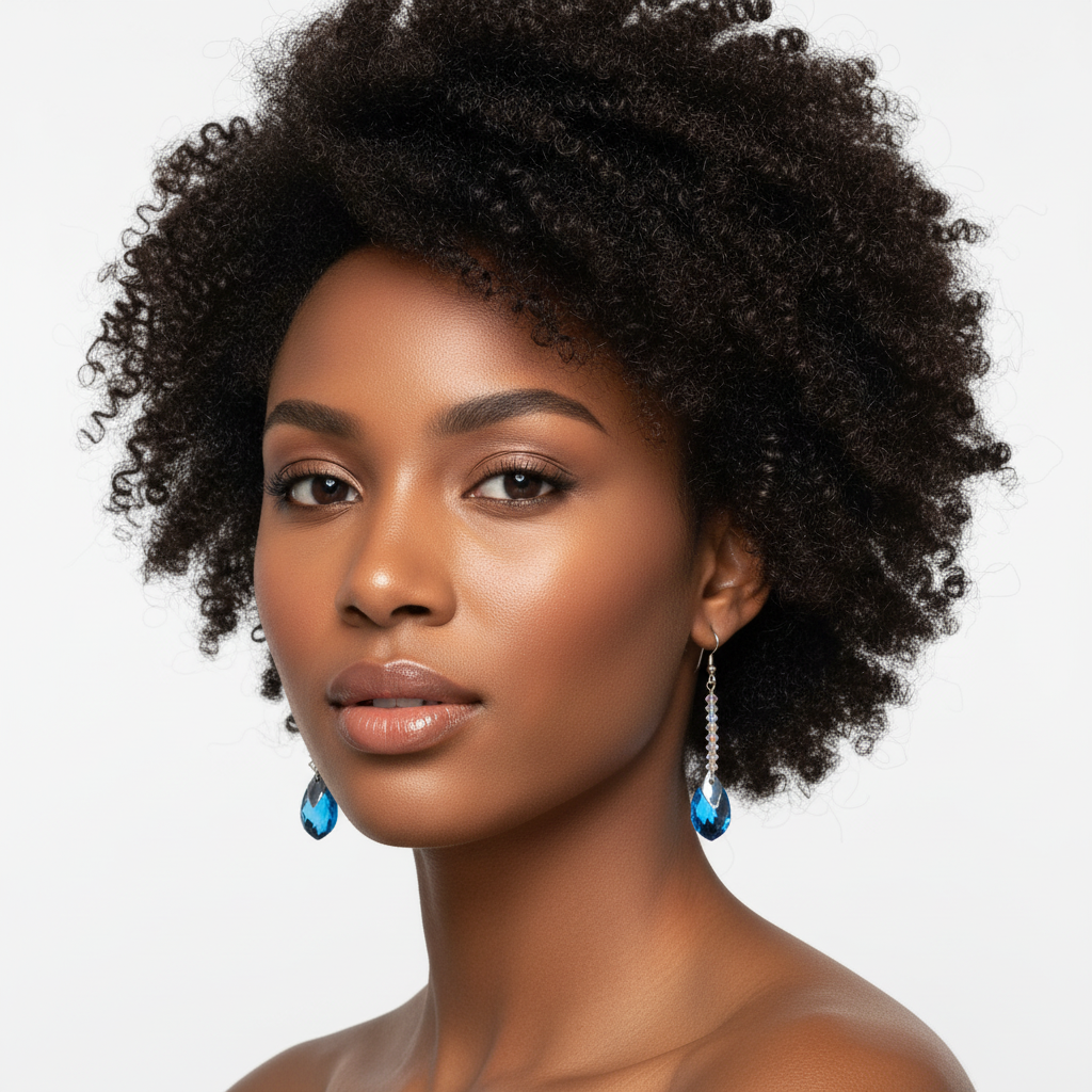 Black woman with curly hair wearing blue crystal earrings