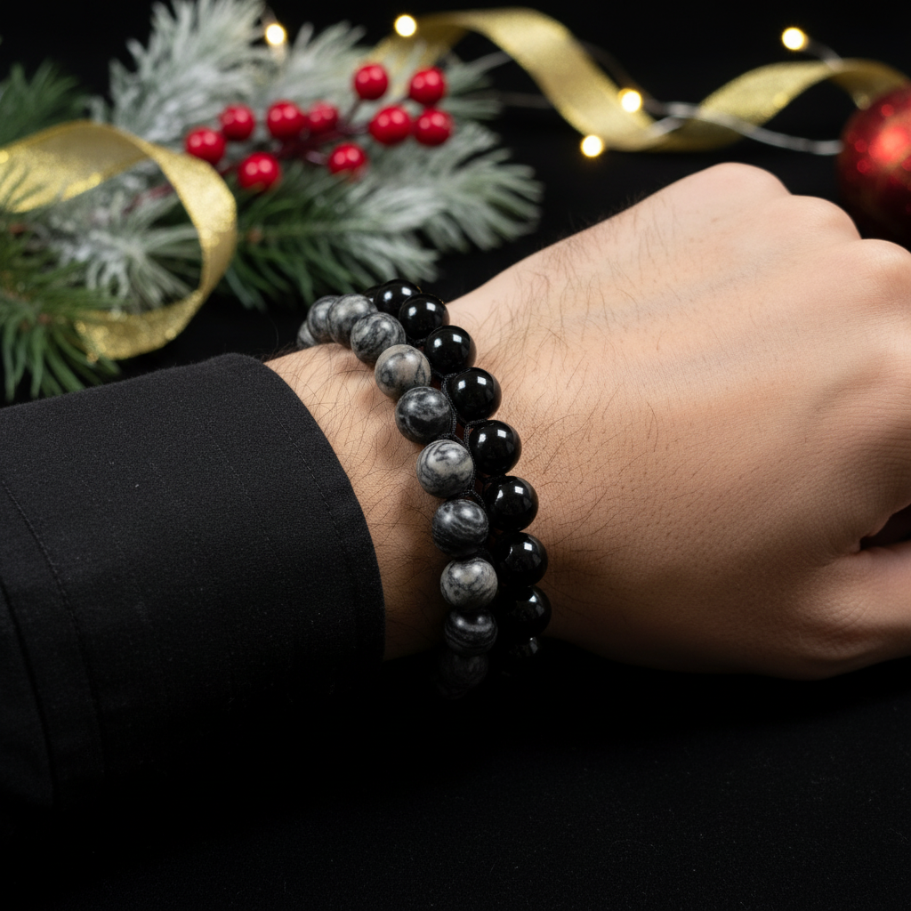 Bracelet on man's wrist with Christmas background