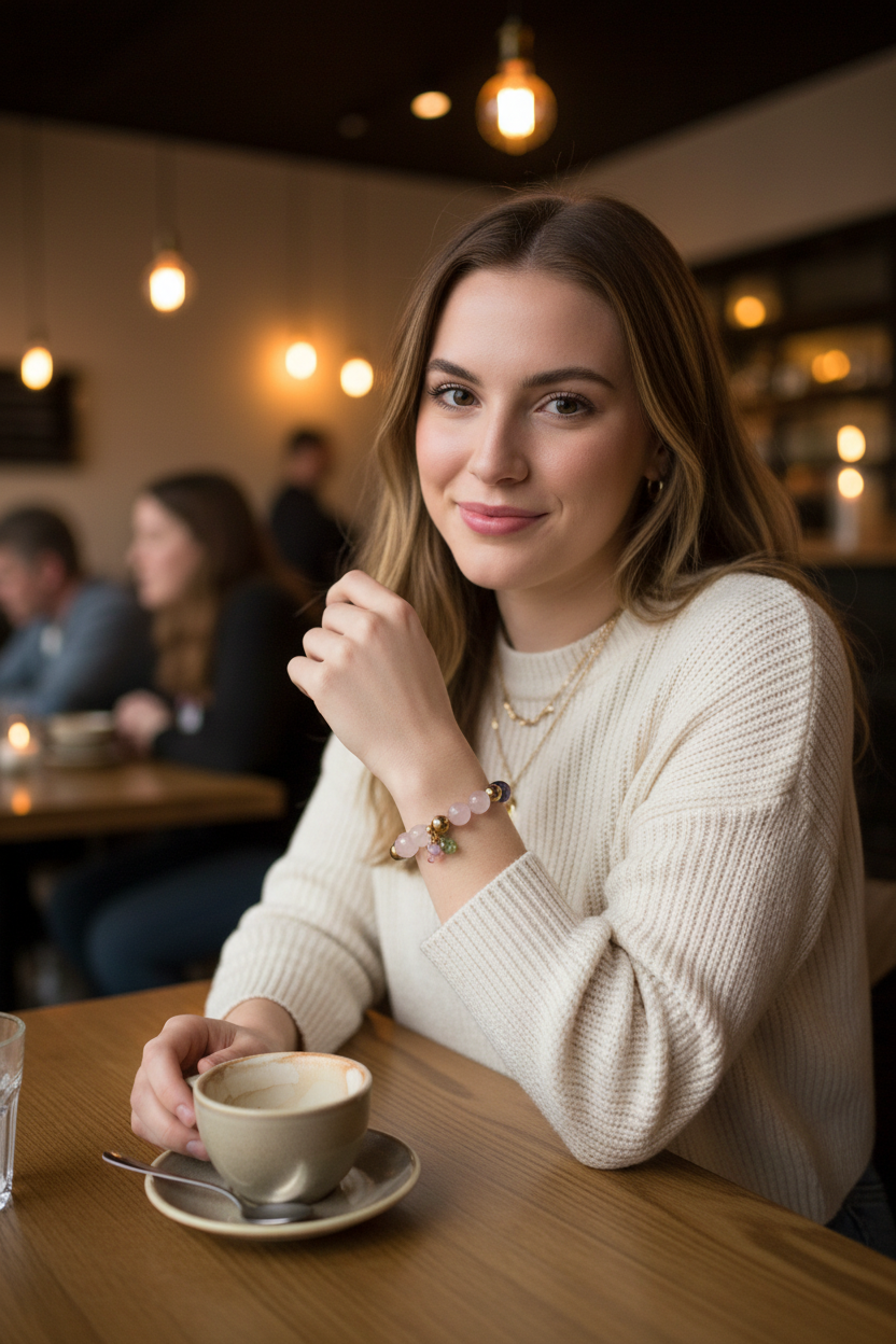 College woman wearing bracelet in restaurant