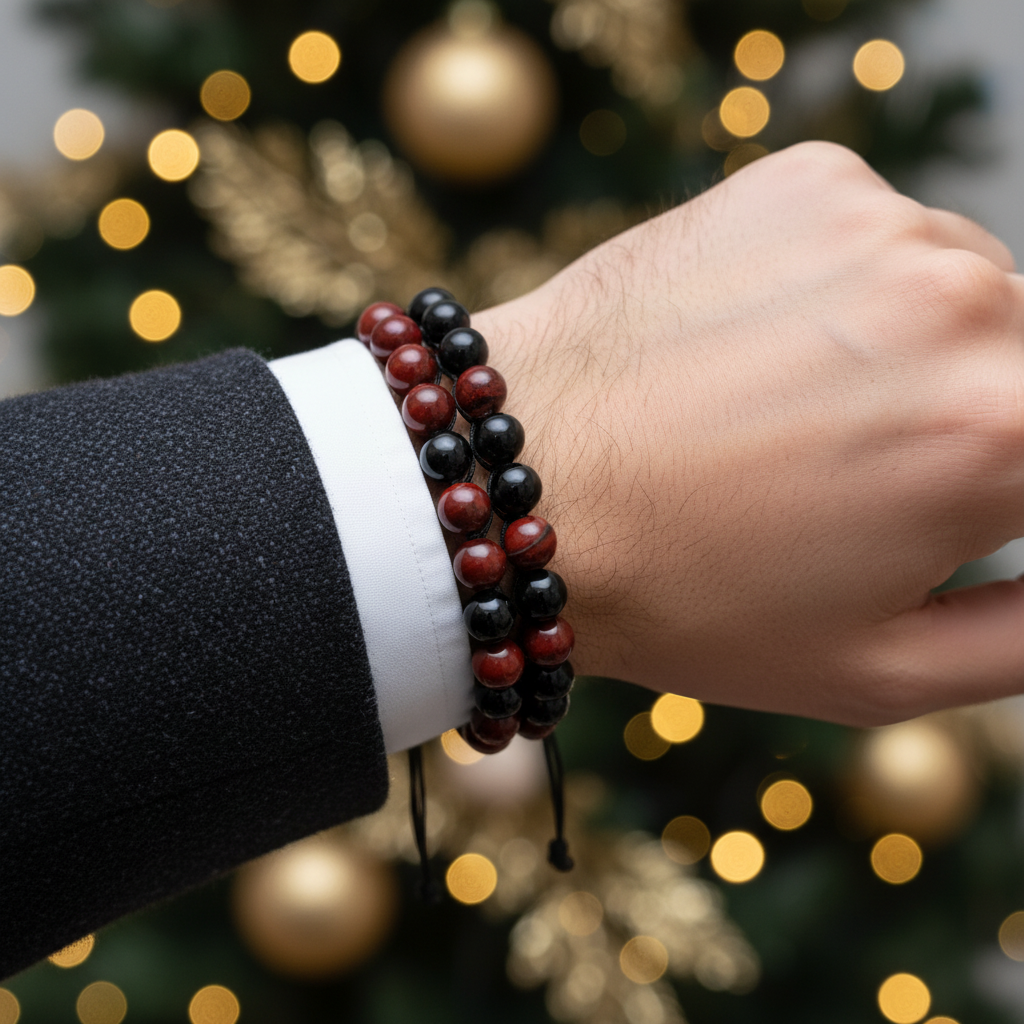 Cord bracelet with 2 red jasper, 1 black obsidian pattern on man's wrist - Christmas