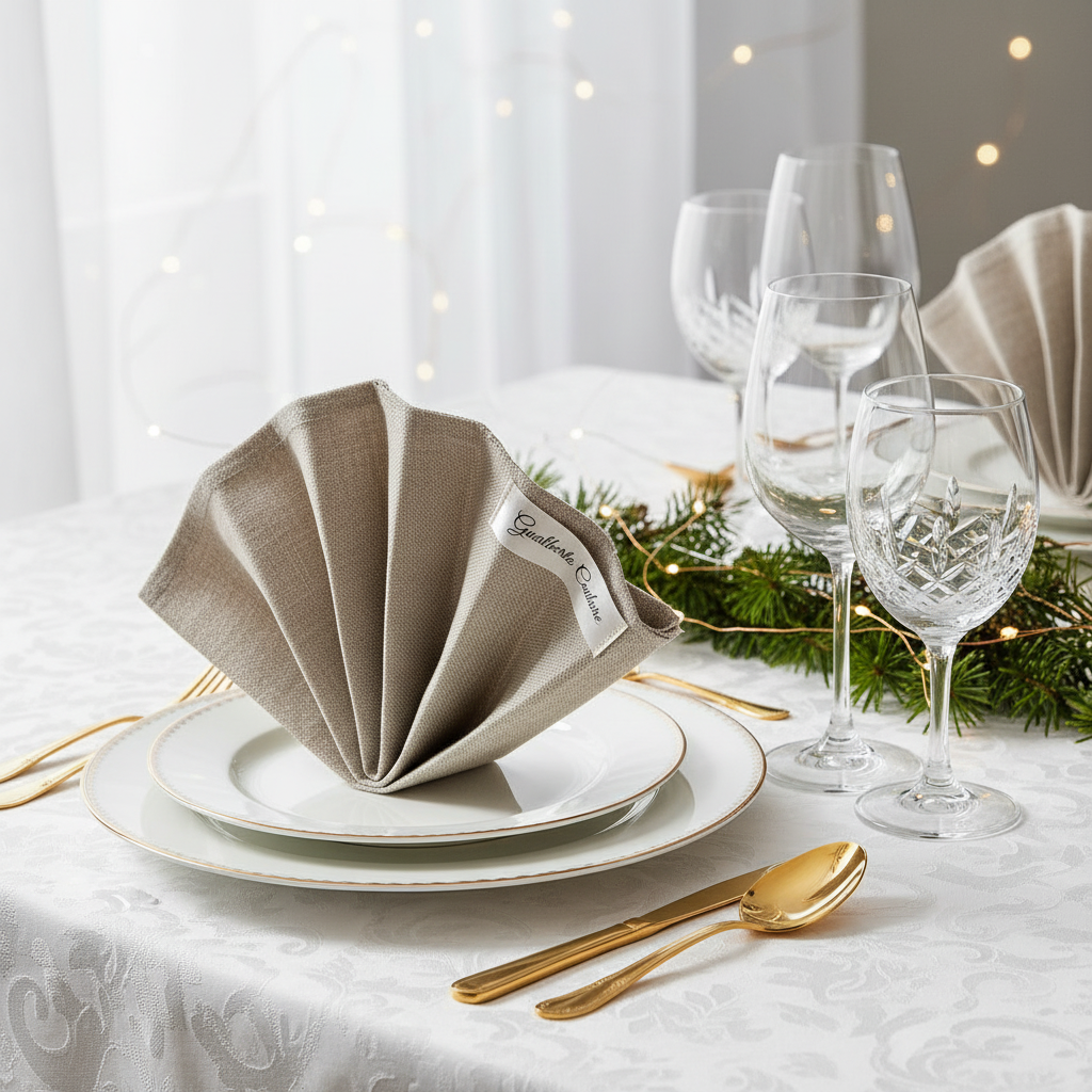 Elegantly folded Gualberto Couture napkin on Christmas table