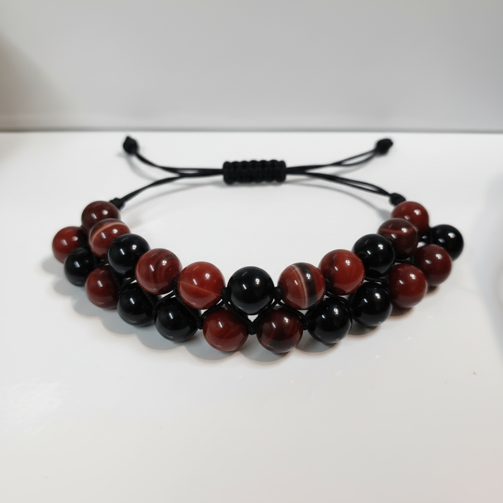 Enhanced cord bracelet - red jasper and black obsidian