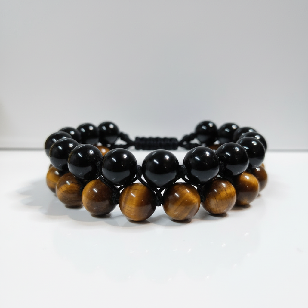 Enhanced cord bracelet with tiger's eye and black obsidian