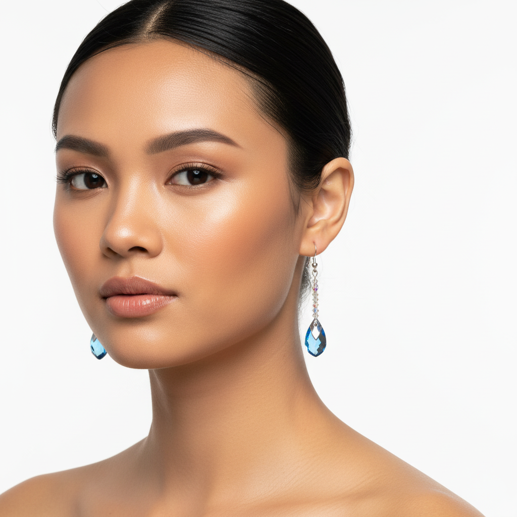 Filipino model wearing blue crystal earrings