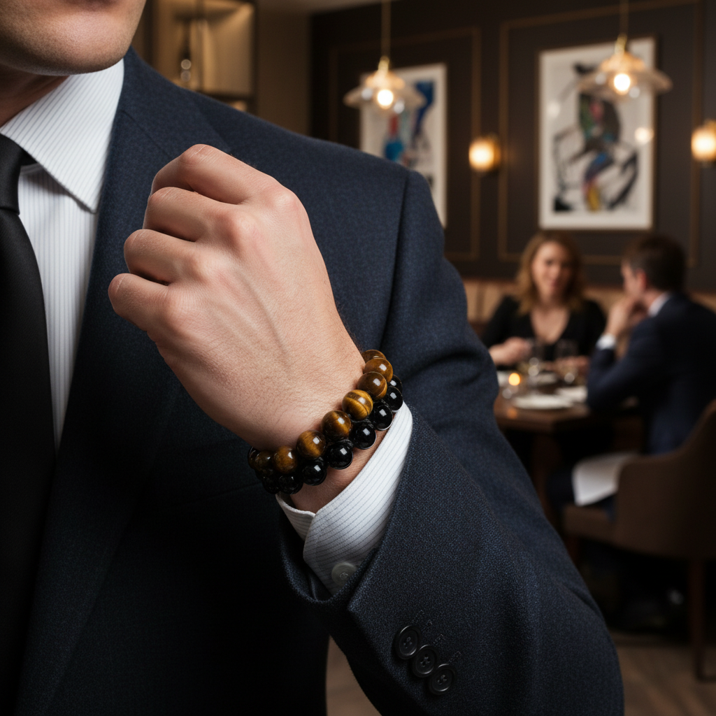 Man wearing bracelet with restaurant background