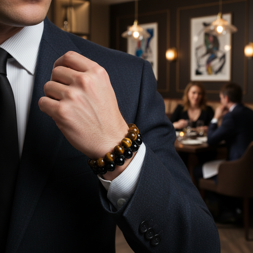 Man wearing bracelet with restaurant background