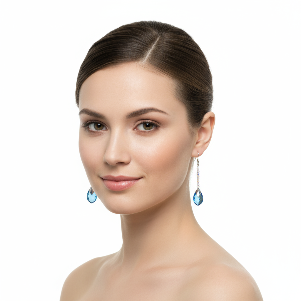 Model wearing blue crystal earrings