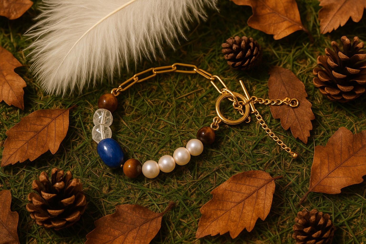 Natural earth-toned background with grass, white ostrich feather, leaves, pine cones, and the bracelet