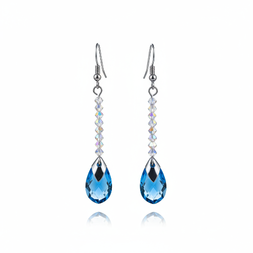 Pair of professional blue crystal earrings on white background