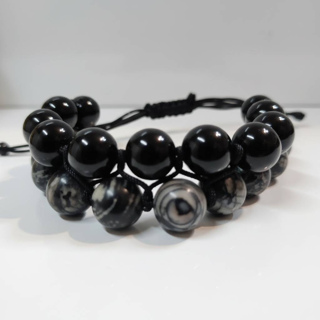 Black Obsidian and Black Veined Jasper Cord Bracelet