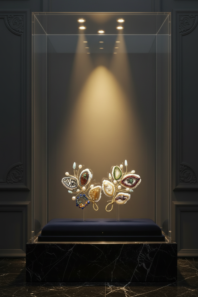 Tall Glass Vitrine Focused Spotlights